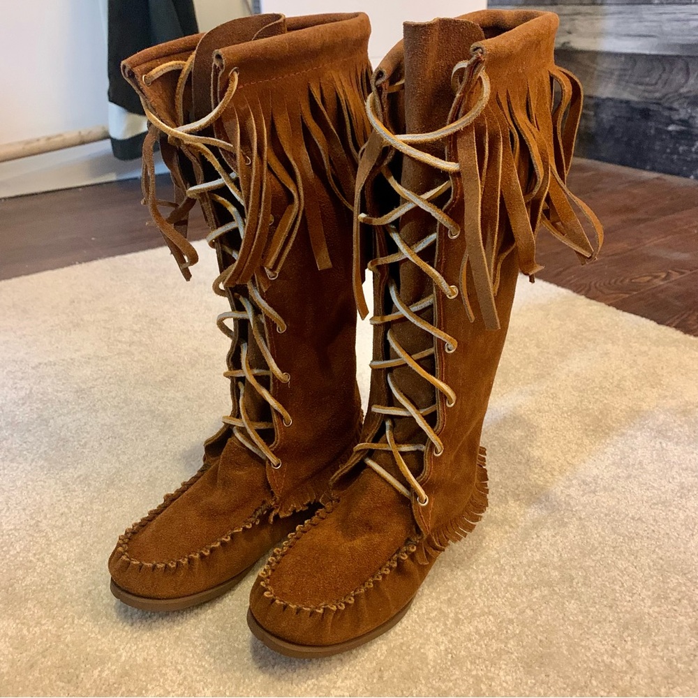 Canadian made, genuine leather, calf height tasseled moccasins